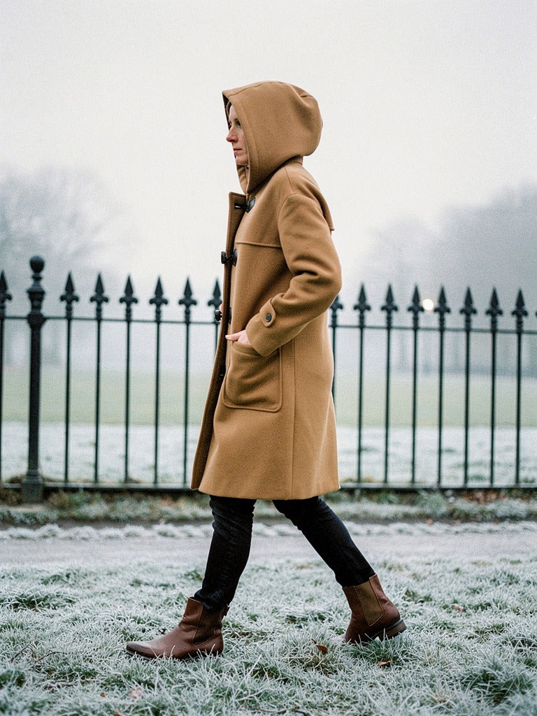 Camel duffle coat worn with the hood up, side view walking