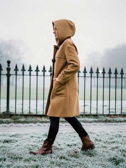Camel duffle coat worn with the hood up, side view walking