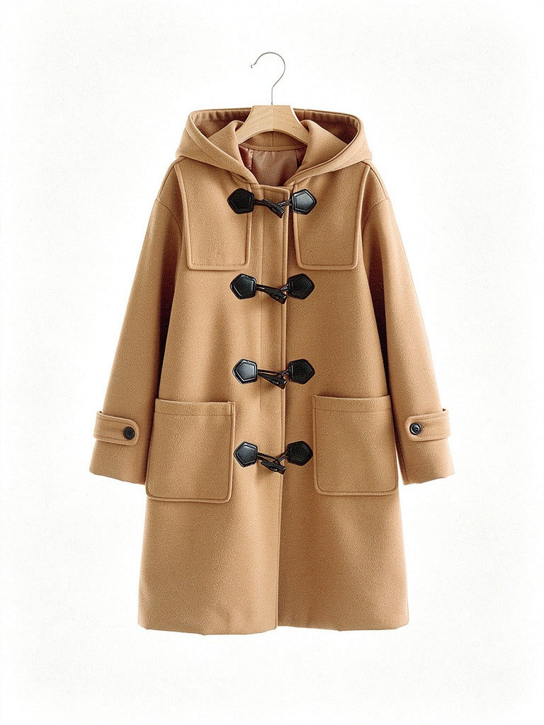 Camel duffle coat on a hanger, four horn style toggles and two patch pockets