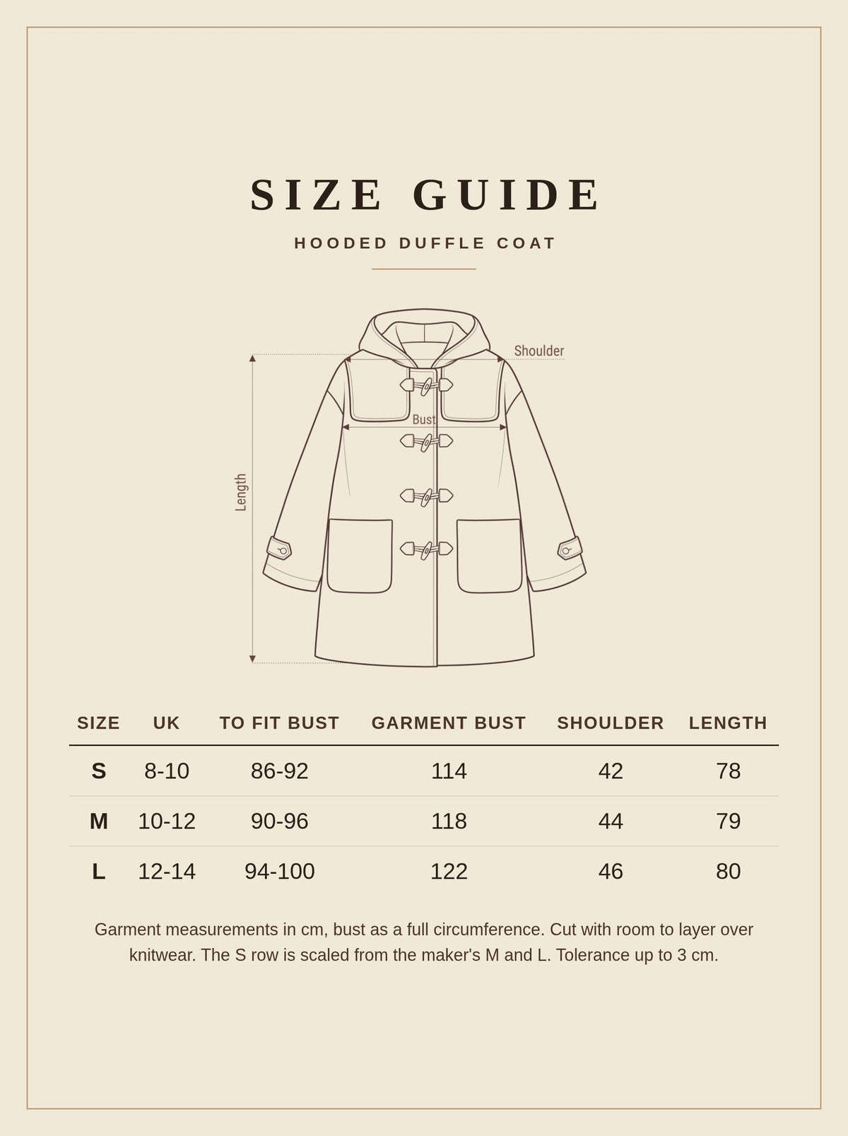 Size guide for the Elkstone camel duffle coat, sizes S to L