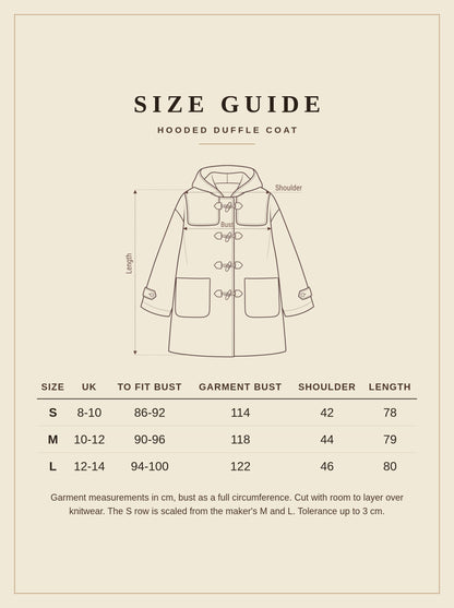 Size guide for the Elkstone camel duffle coat, sizes S to L