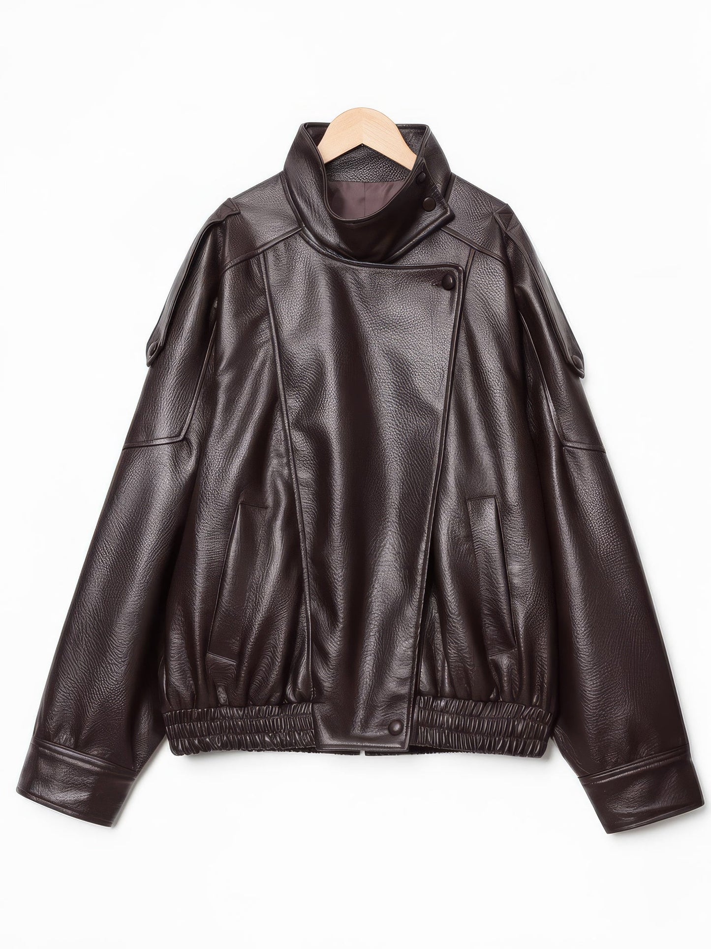 Espresso brown faux leather jacket with stand collar on a hanger