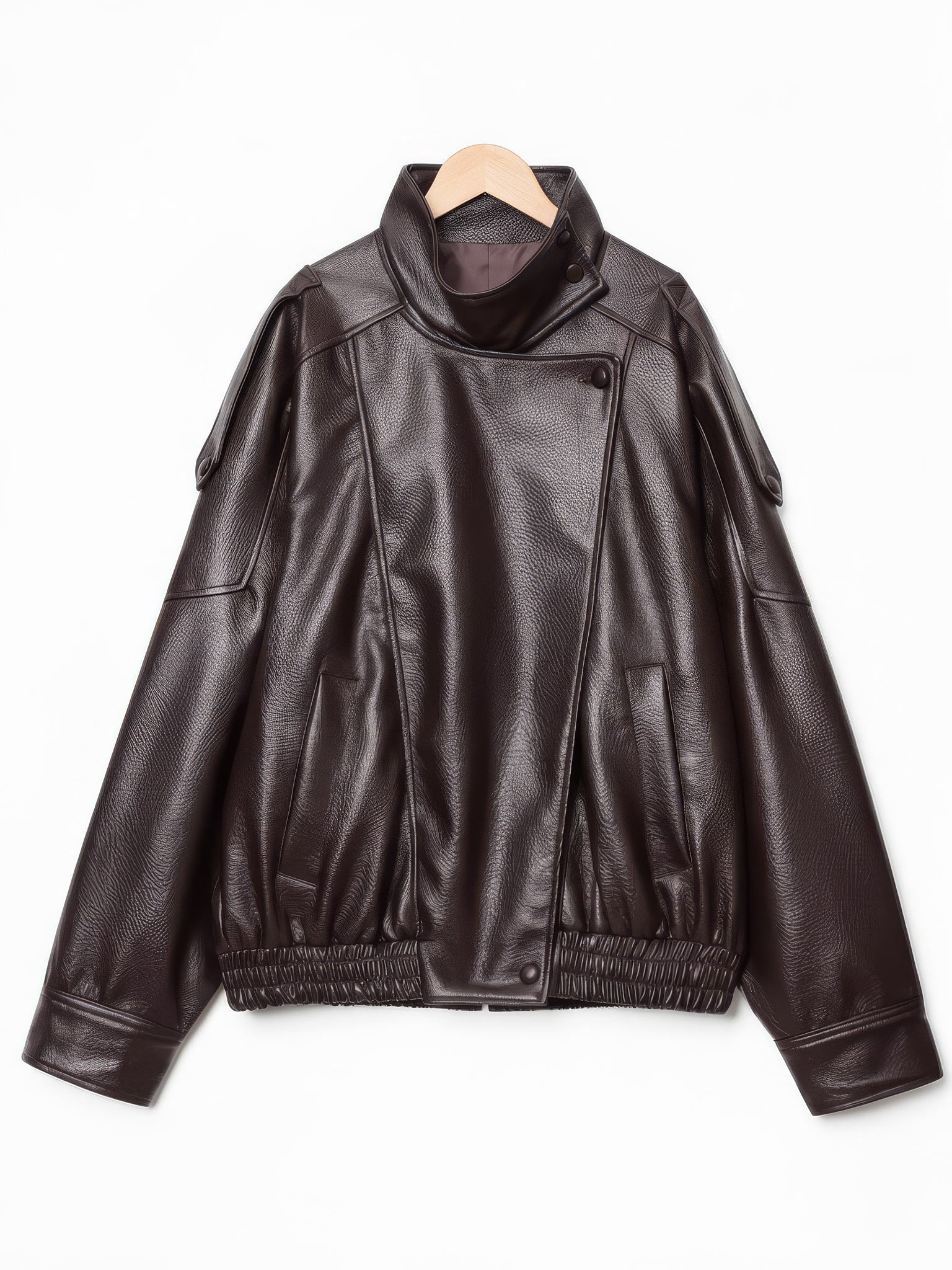 Espresso brown faux leather jacket with stand collar on a hanger