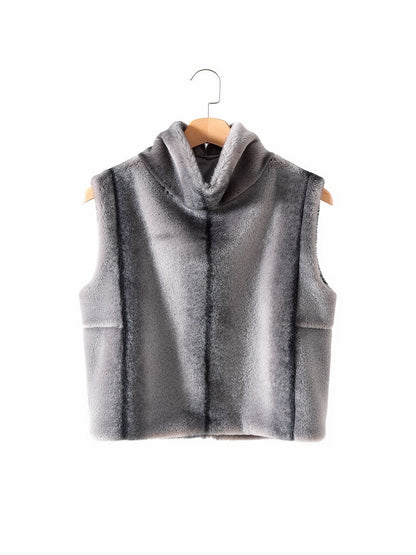 Faux fur gilet in Ash Grey, front view on a hanger, cropped funnel neck