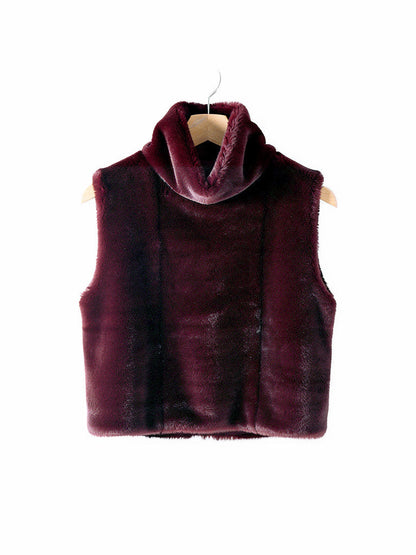 Faux fur gilet in Port, deep wine red, front view on a hanger