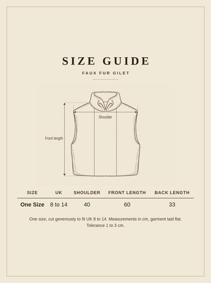 Size guide for the Loxley faux fur gilet, one size, measurements in cm