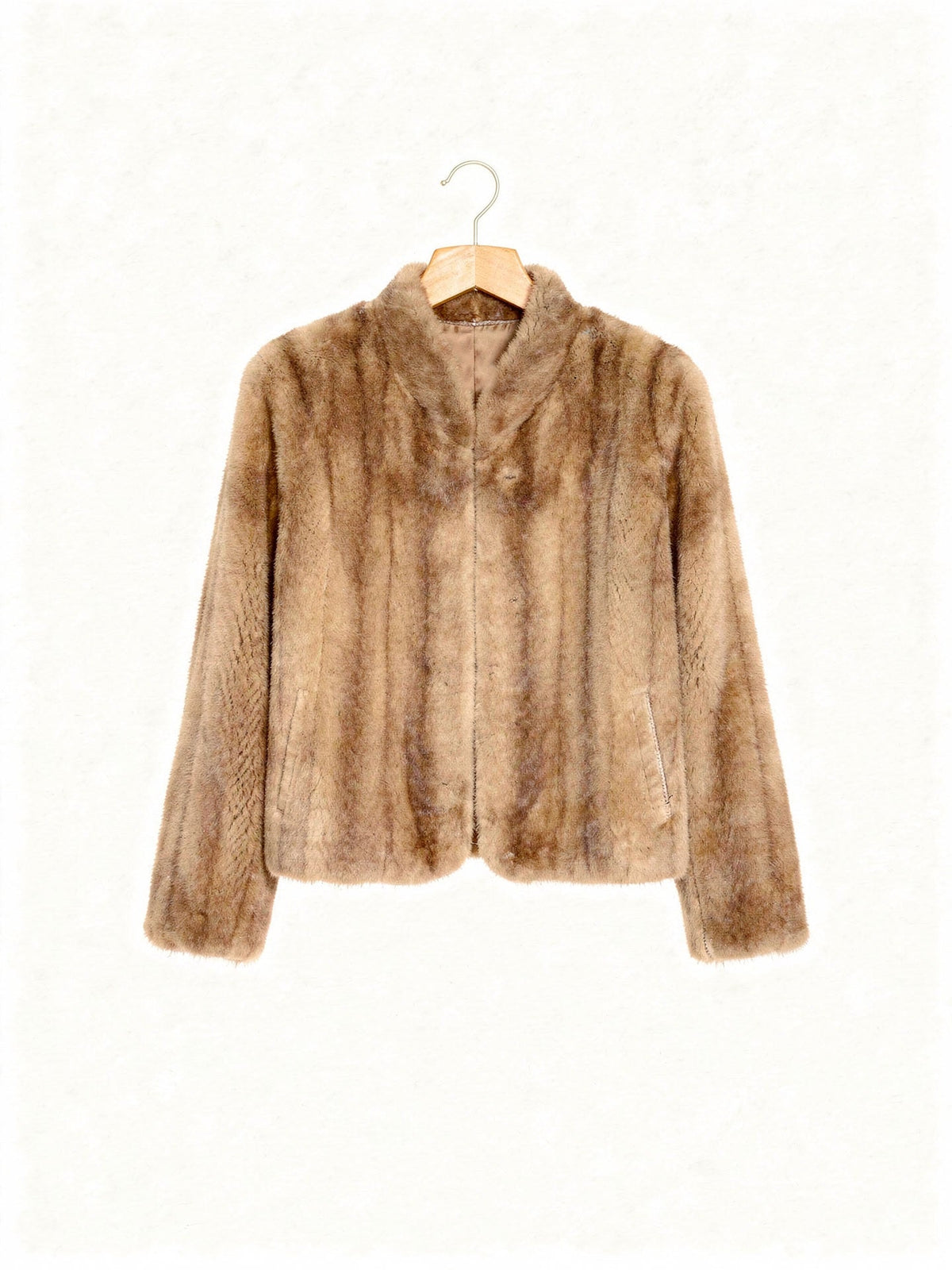 Faux fur jacket in Demerara, a soft golden caramel, shown front on against a white background