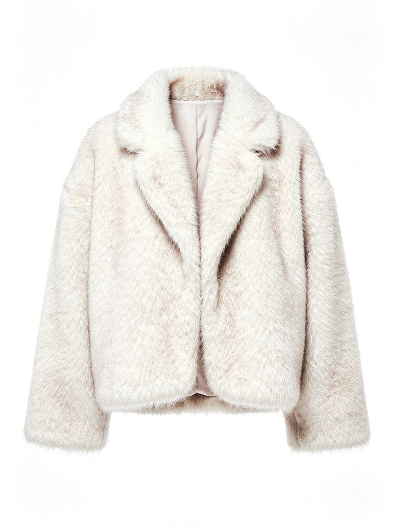 Faux fur jacket in Oyster shown front on against a white background