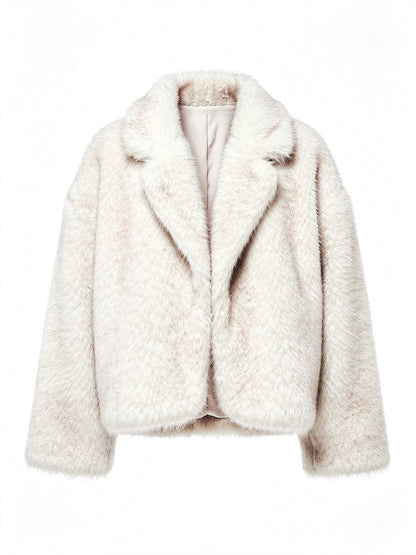 Faux fur jacket in Oyster shown front on against a white background