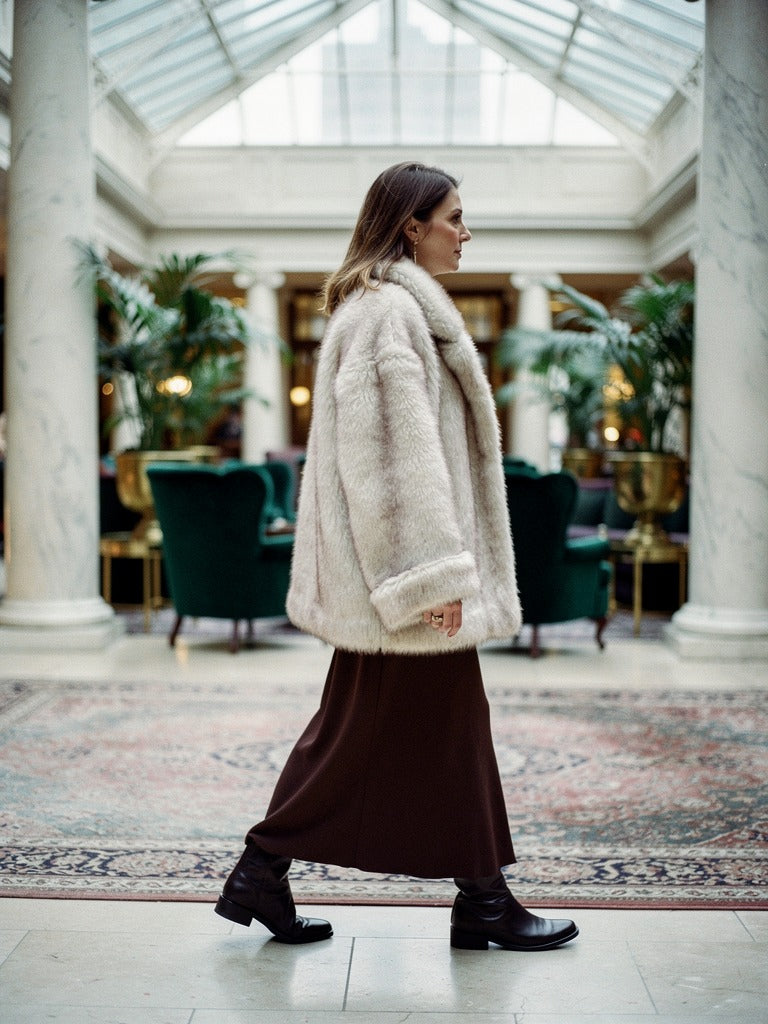 Womens faux fur jacket in Oyster worn in profile in a glass roofed hotel lounge