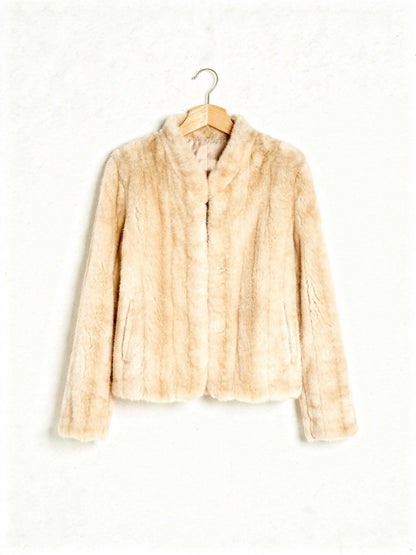 Faux fur jacket in Palomino, a pale warm blonde, shown front on against a white background