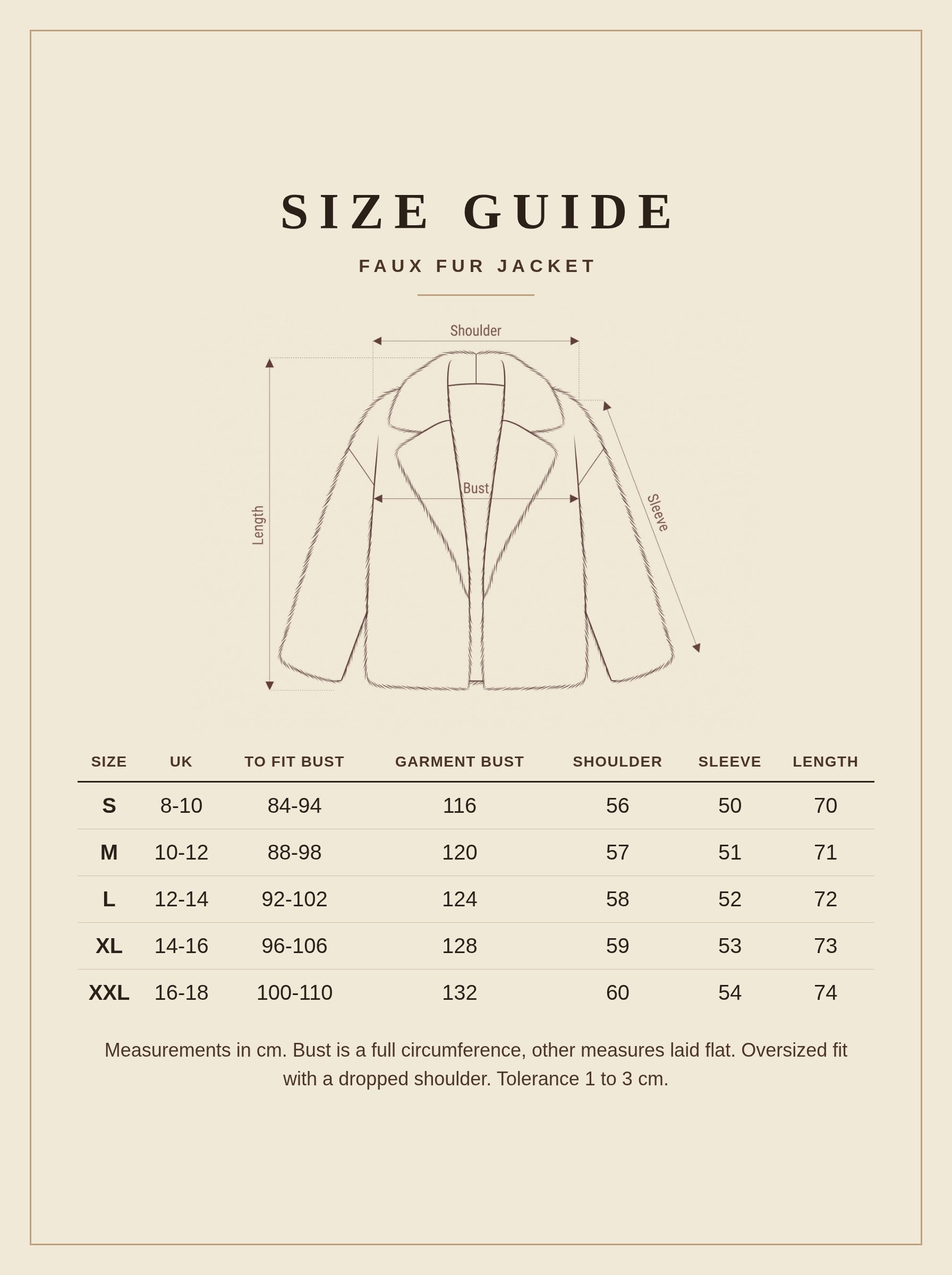 Size guide for the Thurlow faux fur jacket with garment measurements in centimetres