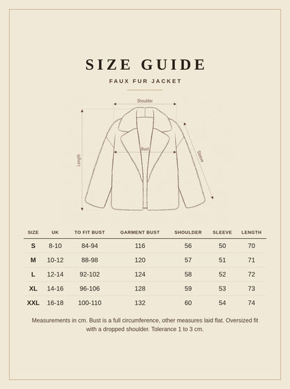 Size guide for the Thurlow faux fur jacket with garment measurements in centimetres