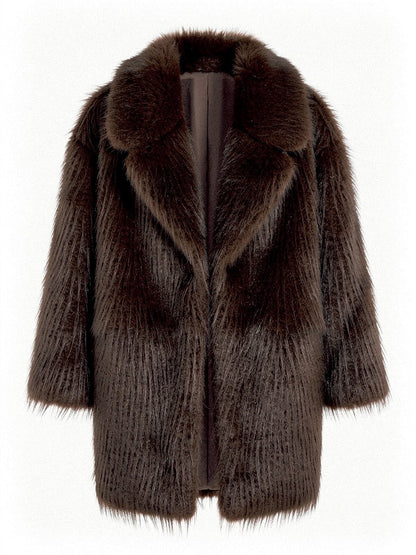 Faux fur jacket in Umber, a deep coffee brown, shown front on against a white background