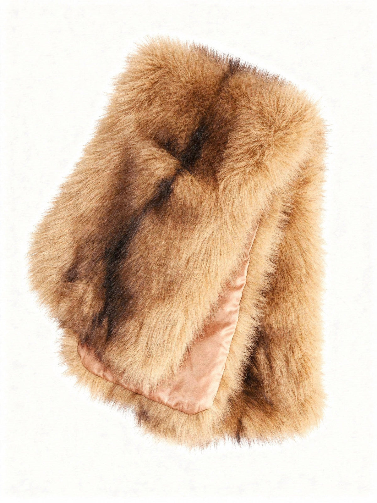 Chestnut Stripe faux fur scarf folded flat, showing the banded honey and chocolate pile and the peach satin lining