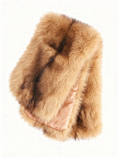 Chestnut Stripe faux fur scarf folded flat, showing the banded honey and chocolate pile and the peach satin lining