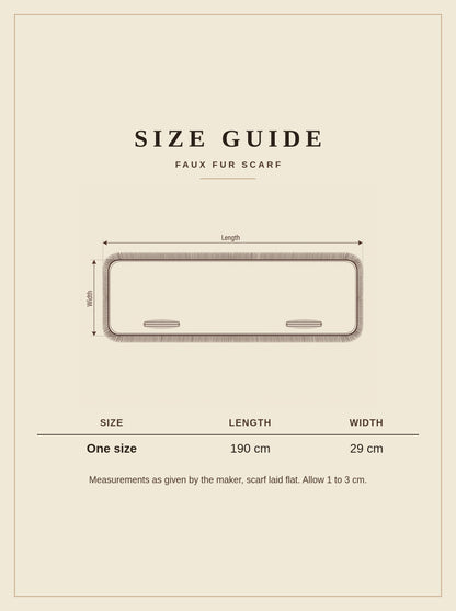 Size guide for the Clanfield faux fur scarf, one size, 190 cm long by 29 cm wide