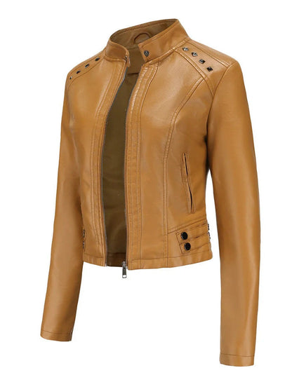 Camel faux leather biker jacket, three-quarter view