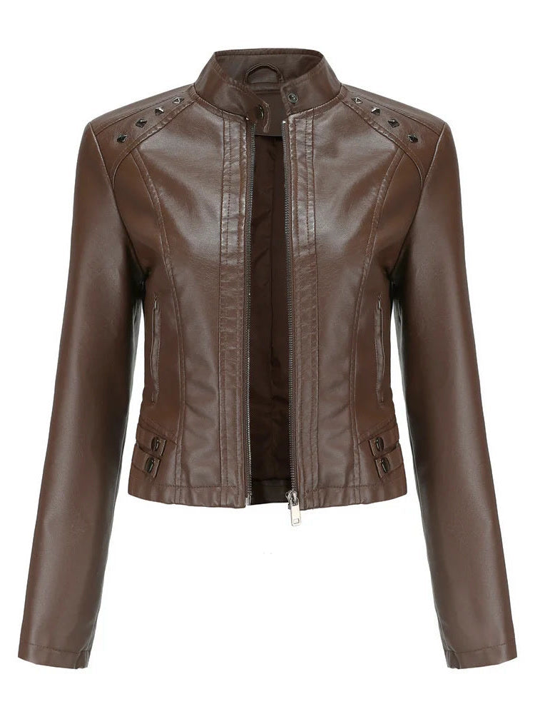 Faux leather biker jacket in chestnut brown, front view