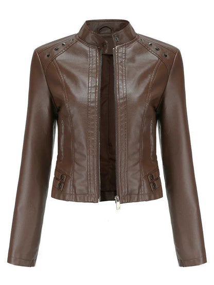 Faux leather biker jacket in chestnut brown, front view