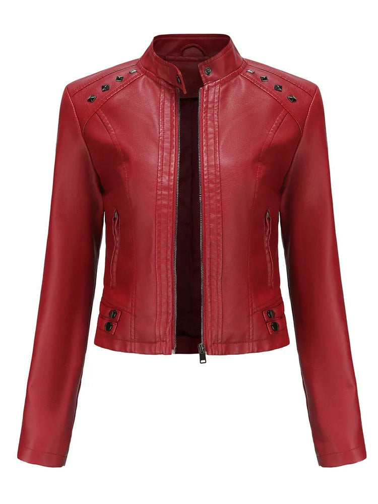 Faux leather biker jacket in wine red, front view