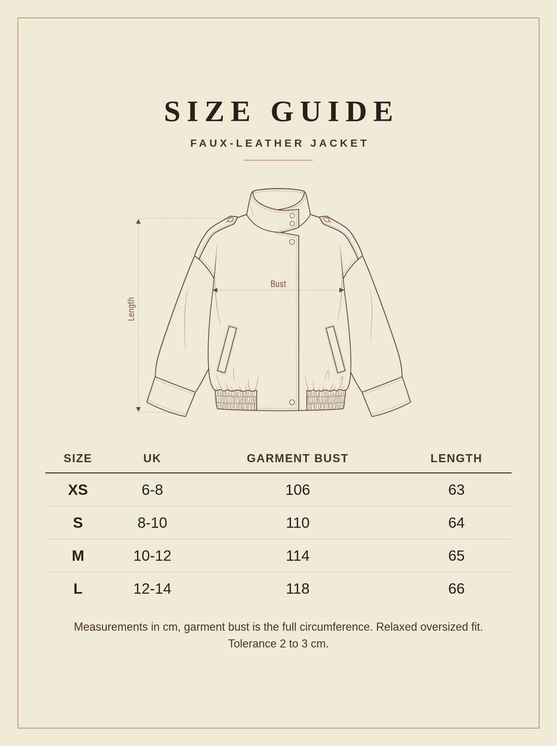 Size guide for the Ludlow womens faux leather jacket
