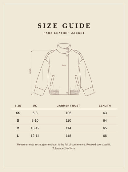 Size guide for the Ludlow womens faux leather jacket