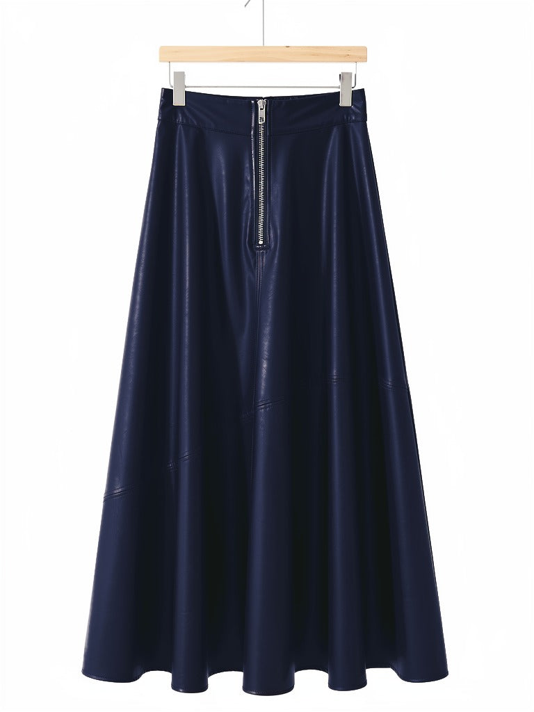Faux leather maxi skirt in Prussian blue on a hanger, exposed front zip and full A-line hem