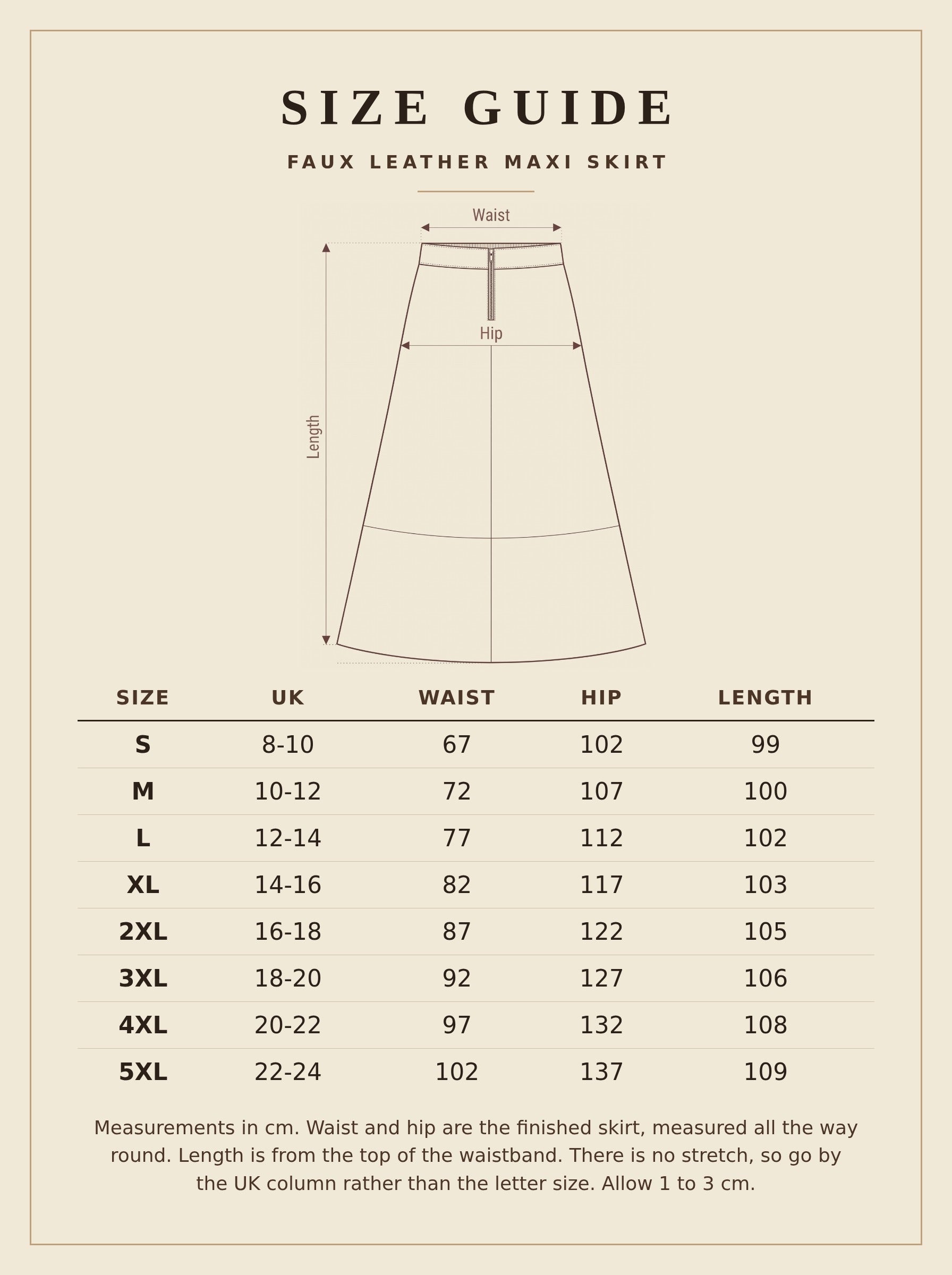Size guide for the faux leather maxi skirt, waist hip and length in centimetres for sizes S to 5XL