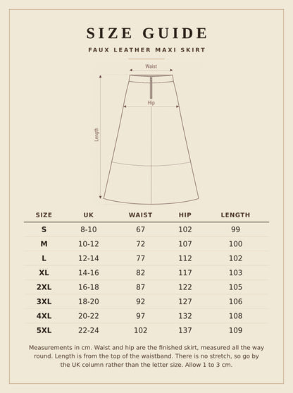 Size guide for the faux leather maxi skirt, waist hip and length in centimetres for sizes S to 5XL