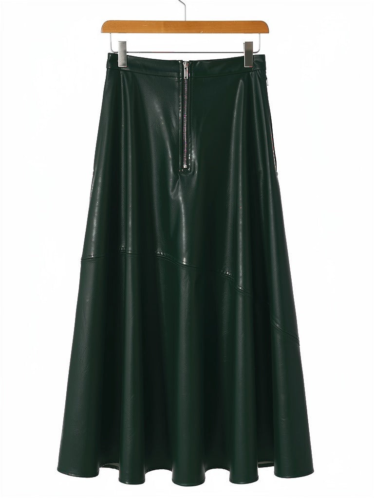 Faux leather maxi skirt in spruce green on a hanger, exposed front zip and high waistband