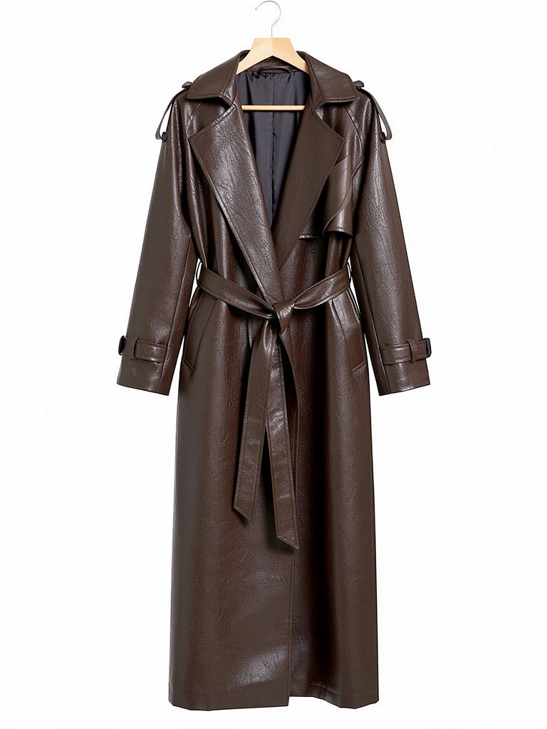 Faux leather trench coat in Auburn on a hanger, front view with tie belt