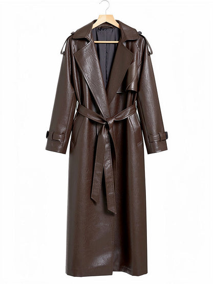 Faux leather trench coat in Auburn on a hanger, front view with tie belt