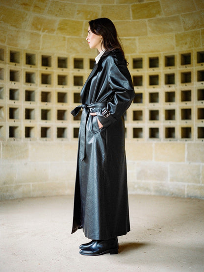 Black faux leather trench coat in Obsidian, side view, ankle length