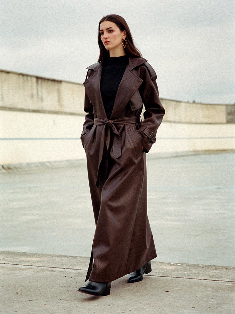 Womens faux leather trench coat in Auburn brown, extra long belted, worn open