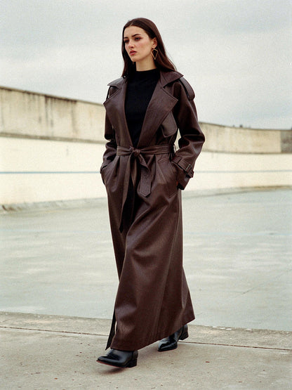 Womens faux leather trench coat in Auburn brown, extra long belted, worn open