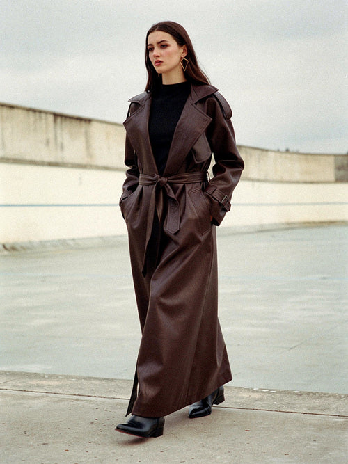 Womens faux leather trench coat in Auburn brown, extra long belted, worn open