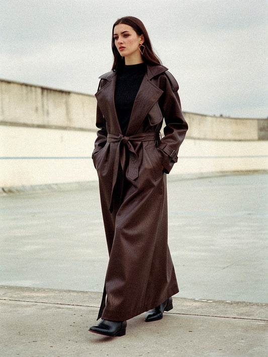 Womens faux leather trench coat in Auburn brown, extra long belted, worn open