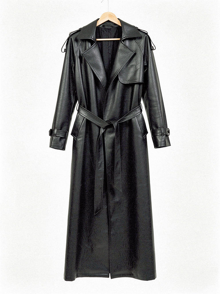 Faux leather trench coat in Obsidian black on a hanger, front view