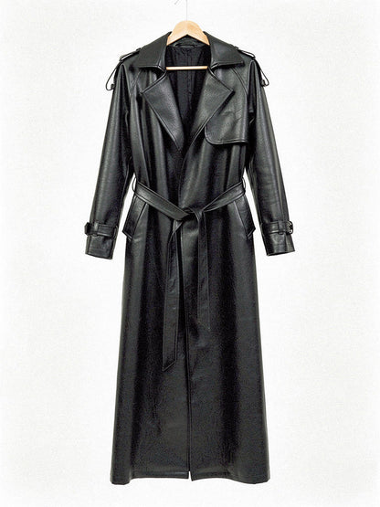 Faux leather trench coat in Obsidian black on a hanger, front view