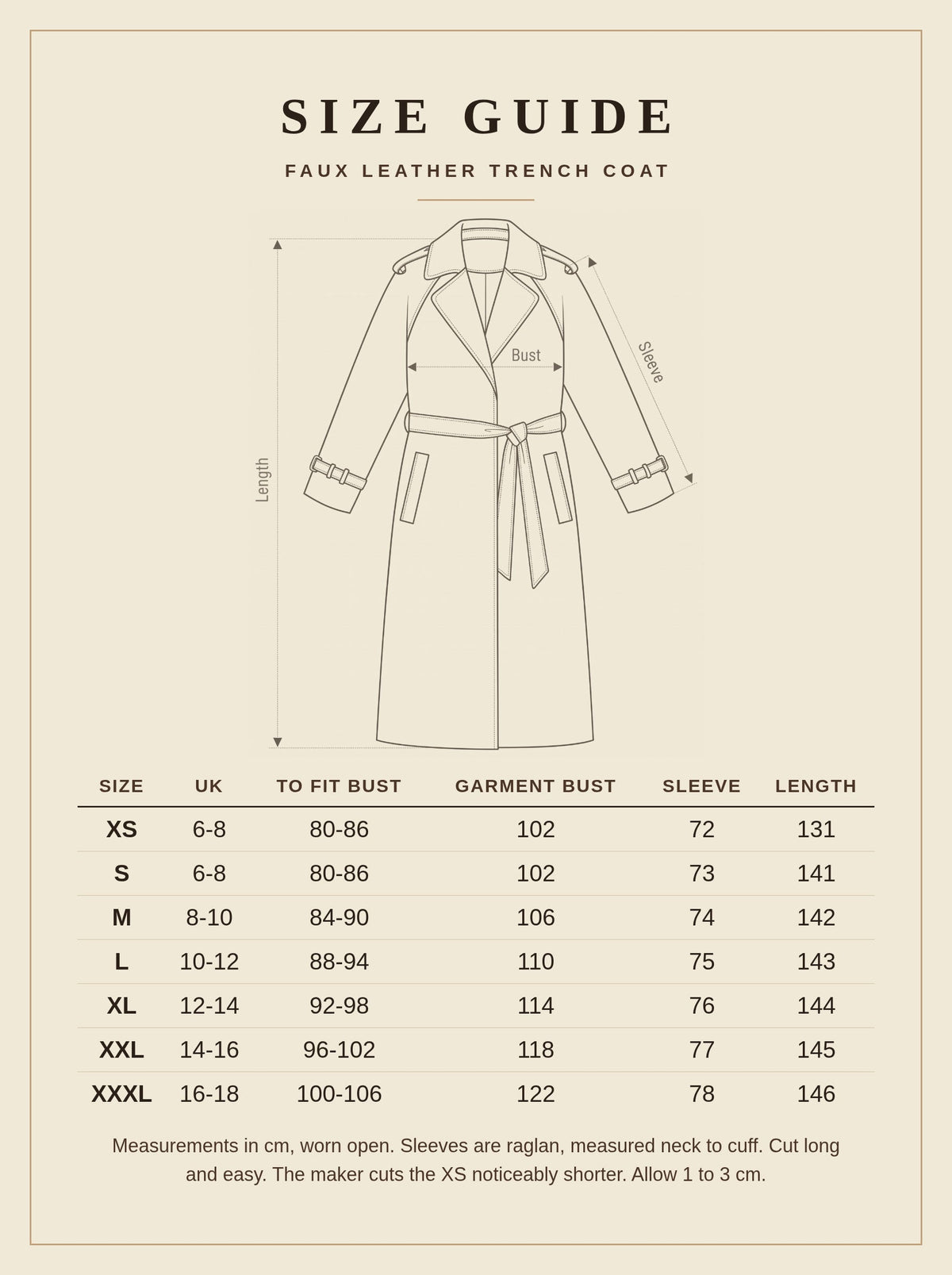 Size guide for the faux leather trench coat, UK 6 to 18, XS to XXXL