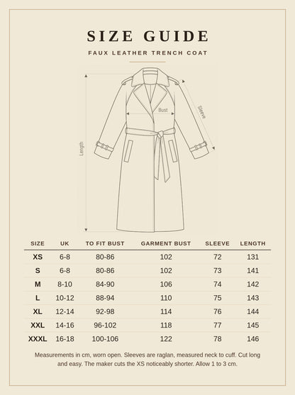 Size guide for the faux leather trench coat, UK 6 to 18, XS to XXXL