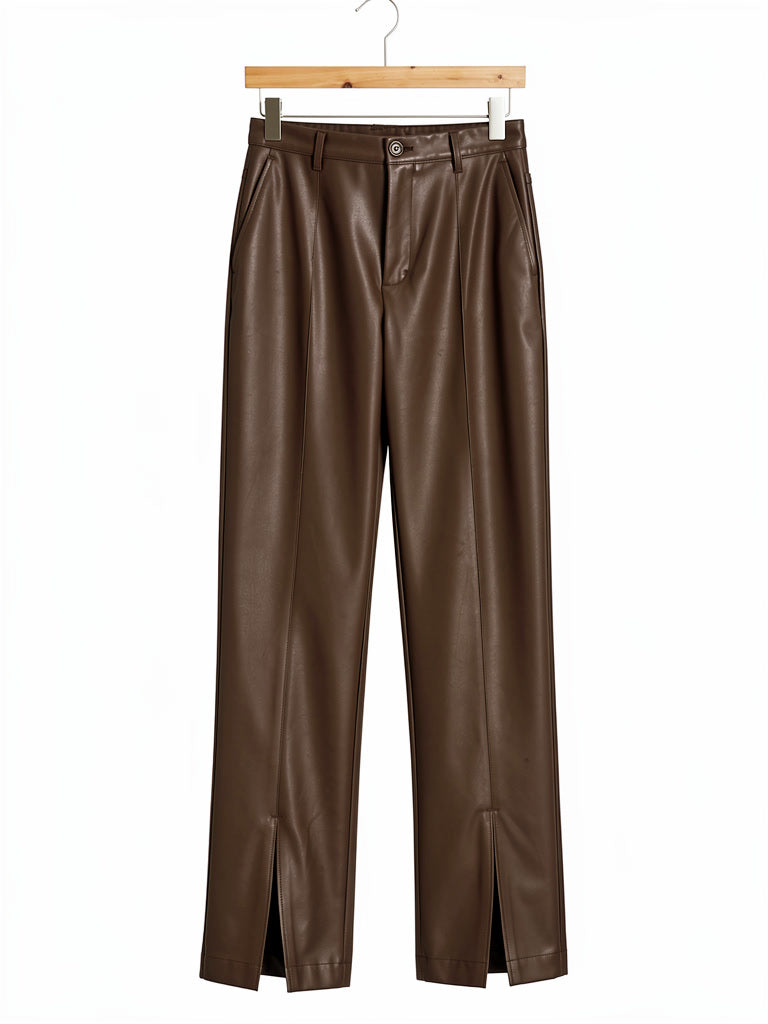 Chestnut faux leather trousers on a hanger, front view