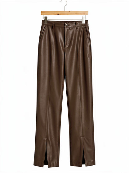 Chestnut faux leather trousers on a hanger, front view