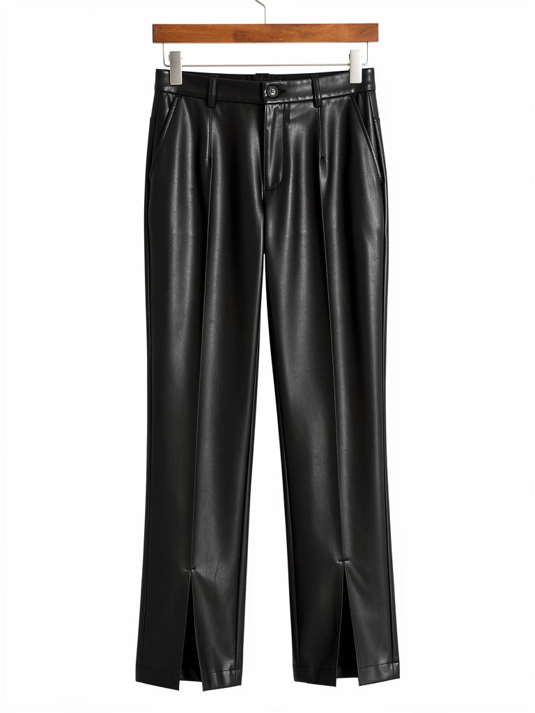 Jet black faux leather trousers on a hanger, front view