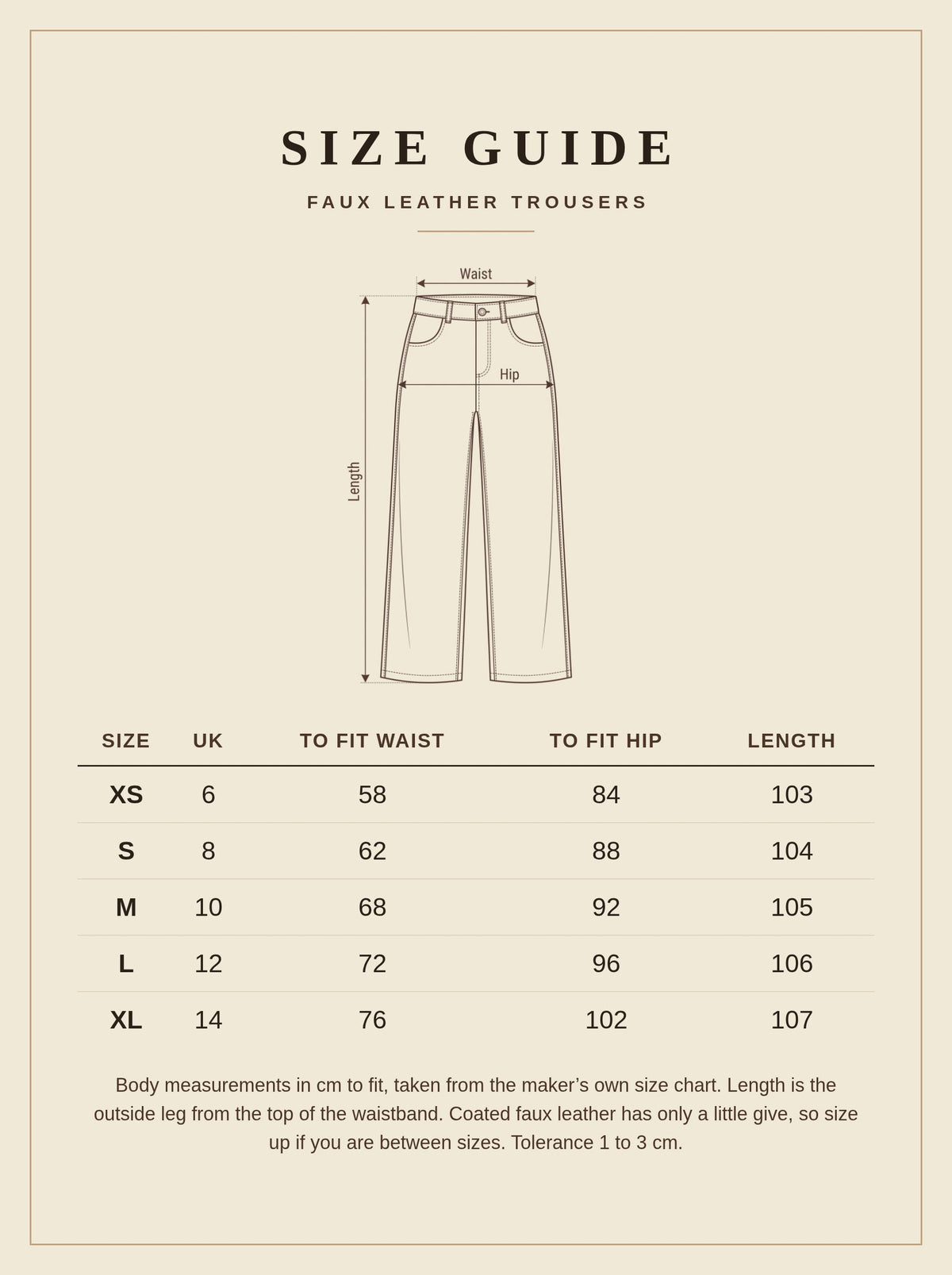 Size guide for the faux leather trousers, UK 6 to 14