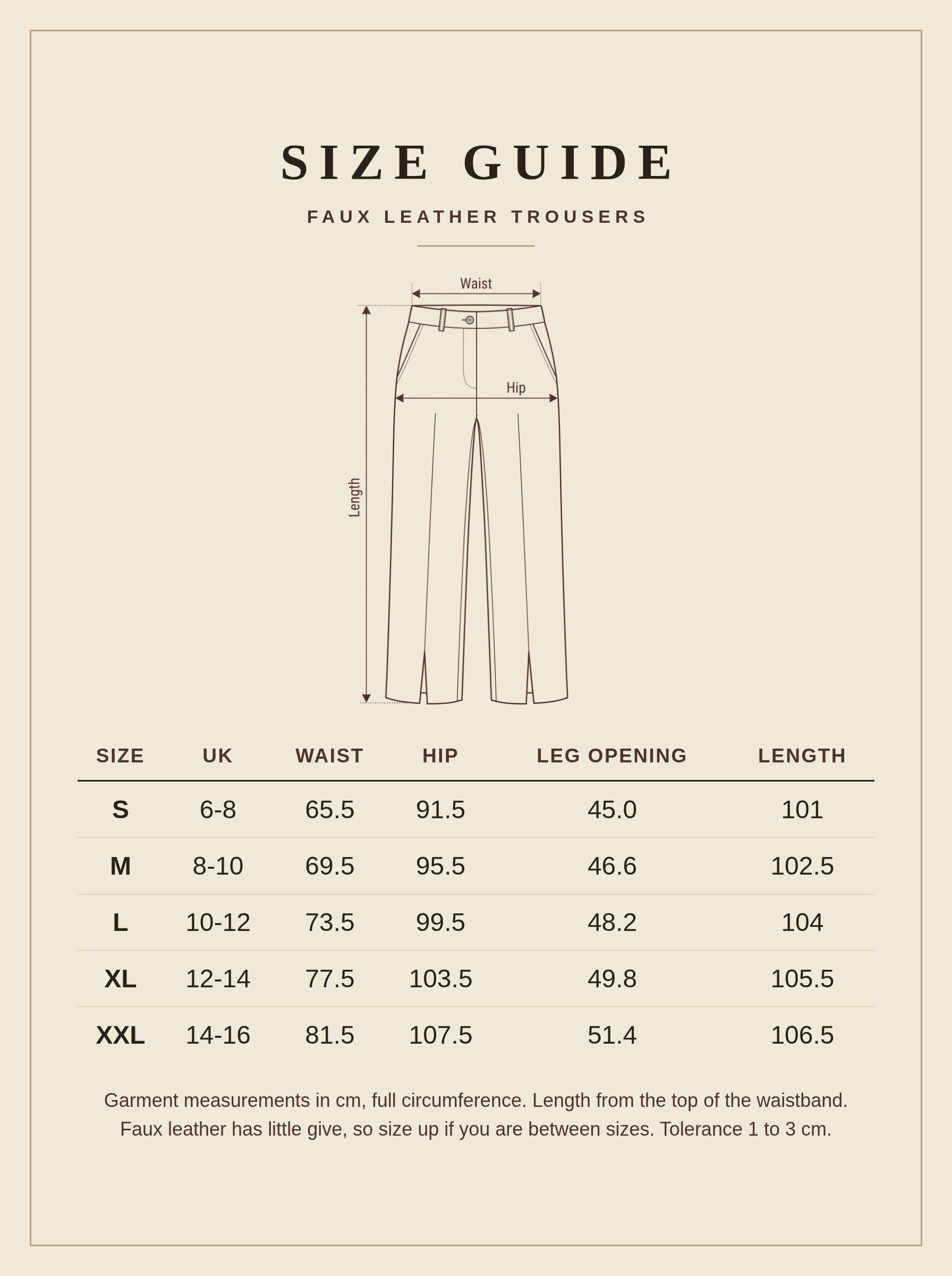 Size guide for the Harlbury faux leather trousers, UK 6 to 16