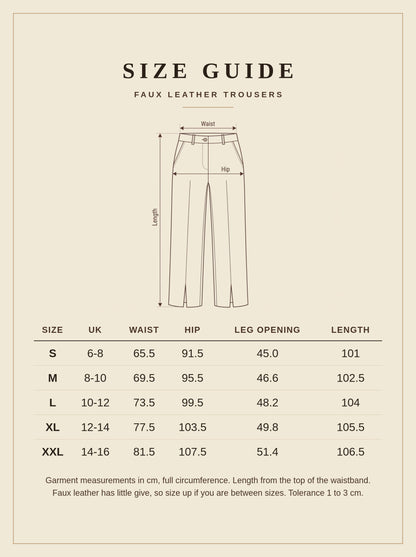 Size guide for the Harlbury faux leather trousers, UK 6 to 16