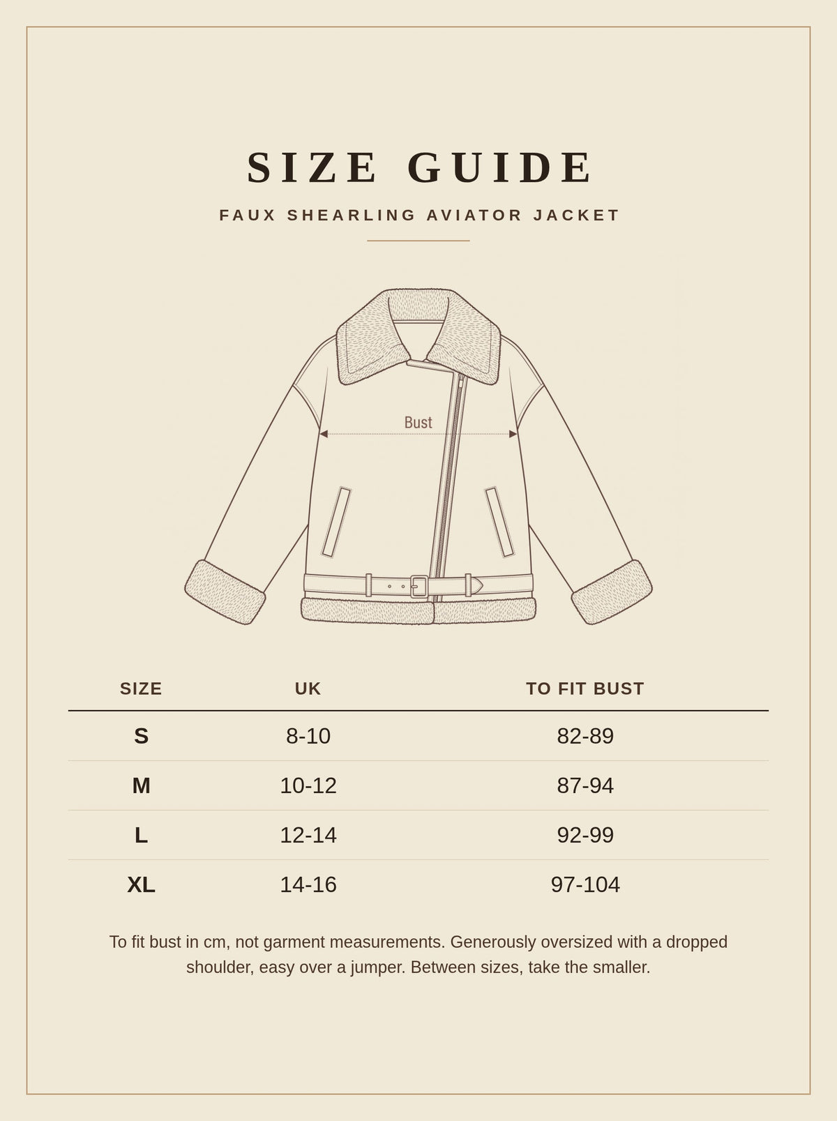 Size guide for the Batsford faux shearling aviator jacket, UK 8 to 16