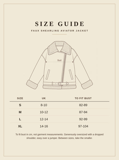 Size guide for the Batsford faux shearling aviator jacket, UK 8 to 16